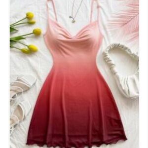 SHEIN Sheer Asymmetrical Pink and Red Camisole Dress Tight Flowy Trendy Vacation